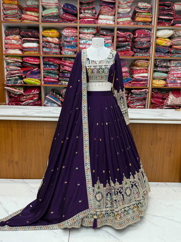 Dark Purple Pure Vichitra Silk Fabric Lehenga Set With Cancan & Canvas Patta