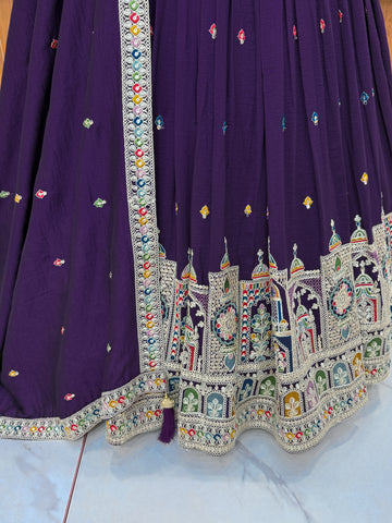 Dark Purple Pure Vichitra Silk Fabric Lehenga Set With Cancan & Canvas Patta