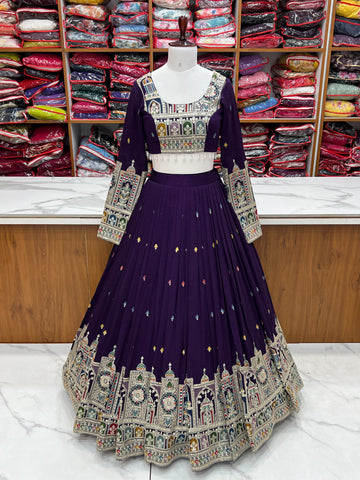 Dark Purple Pure Vichitra Silk Fabric Lehenga Set With Cancan & Canvas Patta