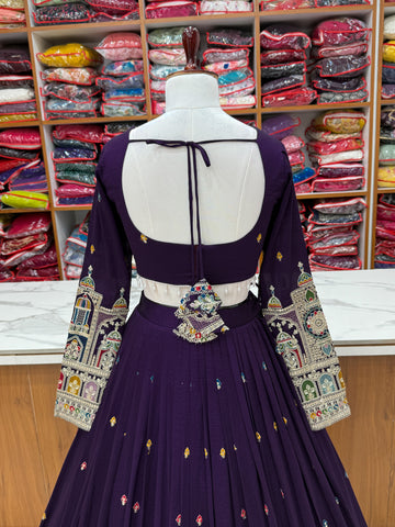 Dark Purple Pure Vichitra Silk Fabric Lehenga Set With Cancan & Canvas Patta