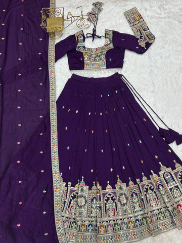 Dark Purple Pure Vichitra Silk Fabric Lehenga Set With Cancan & Canvas Patta