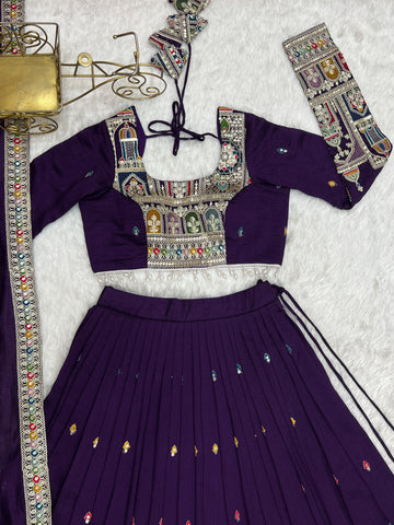 Dark Purple Pure Vichitra Silk Fabric Lehenga Set With Cancan & Canvas Patta