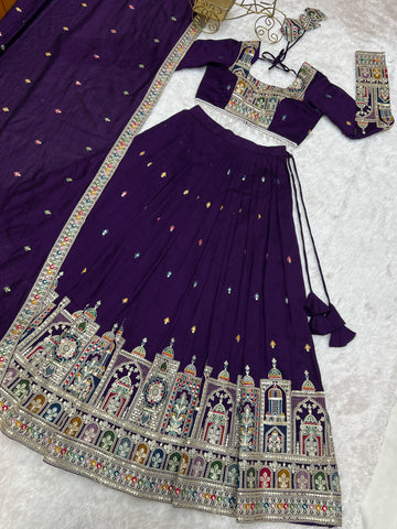 Dark Purple Pure Vichitra Silk Fabric Lehenga Set With Cancan & Canvas Patta