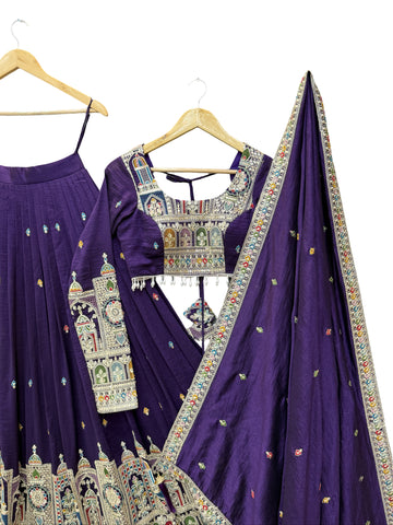 Dark Purple Pure Vichitra Silk Fabric Lehenga Set With Cancan & Canvas Patta