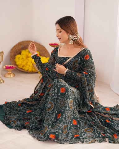 Pure Soft Light Weight Bandhej Fully Flaired Gown, Dupatta and Pent Set Ready to Wear Fully Stitched-Green