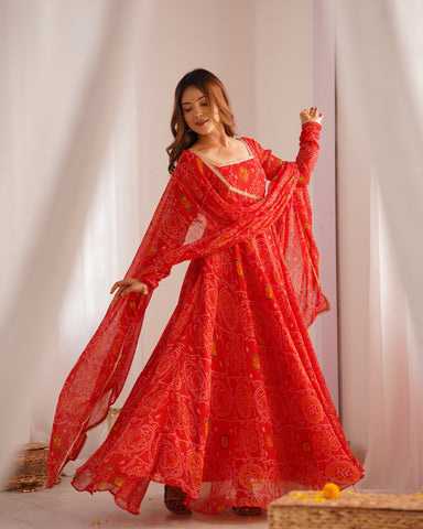 Pure Soft Light Weight Bandhej Fully Flaired Gown, Dupatta and Pent Set Ready to Wear Fully Stitched-Red