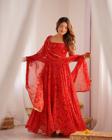 Pure Soft Light Weight Bandhej Fully Flaired Gown, Dupatta and Pent Set Ready to Wear Fully Stitched-Red