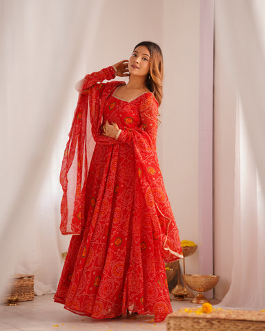 Pure Soft Light Weight Bandhej Fully Flaired Gown, Dupatta and Pent Set Ready to Wear Fully Stitched-Red