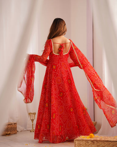 Pure Soft Light Weight Bandhej Fully Flaired Gown, Dupatta and Pent Set Ready to Wear Fully Stitched-Red