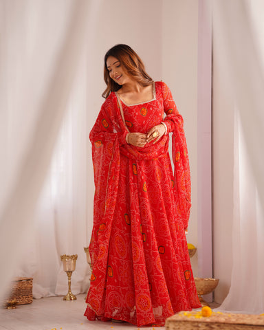 Pure Soft Light Weight Bandhej Fully Flaired Gown, Dupatta and Pent Set Ready to Wear Fully Stitched-Red