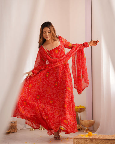 Pure Soft Light Weight Bandhej Fully Flaired Gown, Dupatta and Pent Set Ready to Wear Fully Stitched-Red