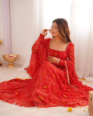 Pure Soft Light Weight Bandhej Fully Flaired Gown, Dupatta and Pent Set Ready to Wear Fully Stitched-Red