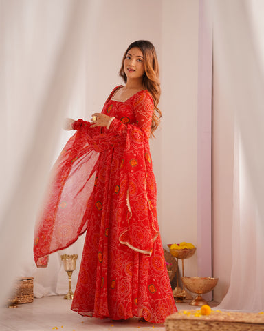 Pure Soft Light Weight Bandhej Fully Flaired Gown, Dupatta and Pent Set Ready to Wear Fully Stitched-Red