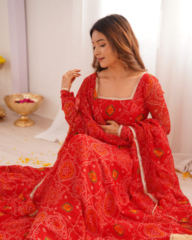 Pure Soft Light Weight Bandhej Fully Flaired Gown, Dupatta and Pent Set Ready to Wear Fully Stitched-Red