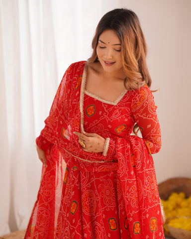 Pure Soft Light Weight Bandhej Fully Flaired Gown, Dupatta and Pent Set Ready to Wear Fully Stitched-Red