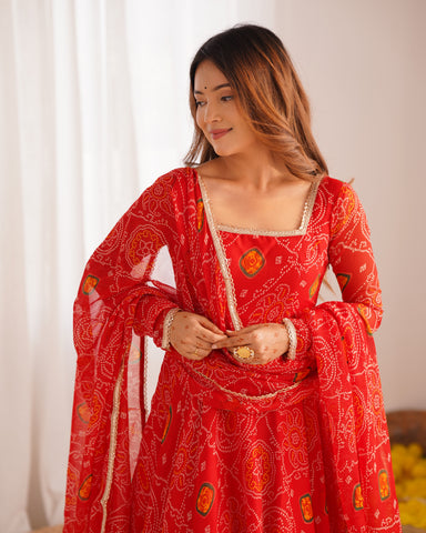 Pure Soft Light Weight Bandhej Fully Flaired Gown, Dupatta and Pent Set Ready to Wear Fully Stitched-Red