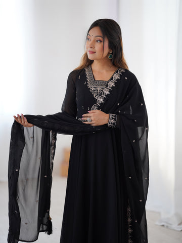 Pure Soft Faux Georgette Fully Flaired Anarkali Suit Comes With Duppatta & Pant - BLACK