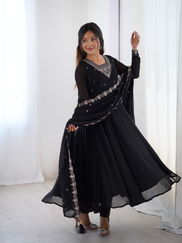 Pure Soft Faux Georgette Fully Flaired Anarkali Suit Comes With Duppatta & Pant - BLACK