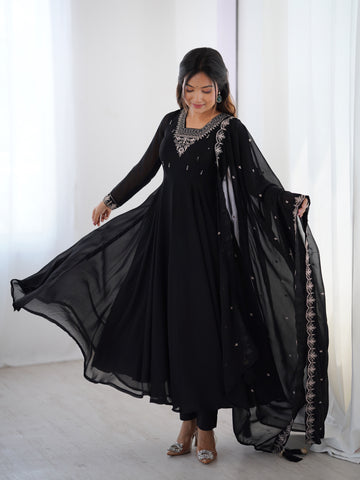 Pure Soft Faux Georgette Fully Flaired Anarkali Suit Comes With Duppatta & Pant - BLACK