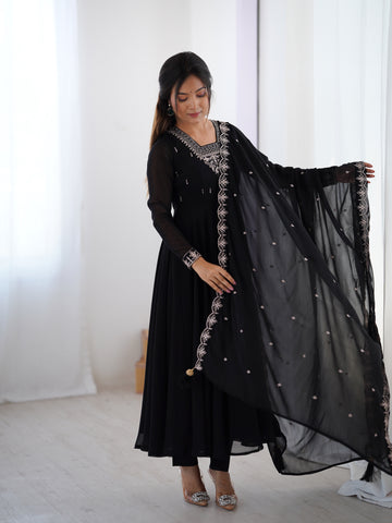 Pure Soft Faux Georgette Fully Flaired Anarkali Suit Comes With Duppatta & Pant - BLACK