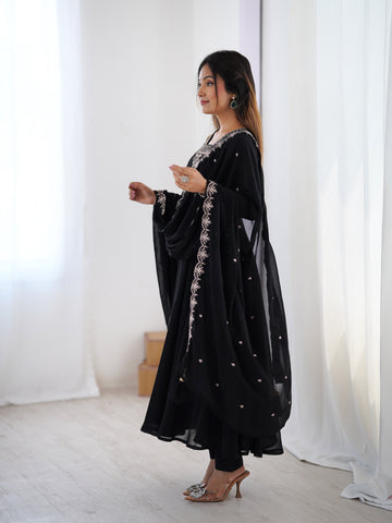 Pure Soft Faux Georgette Fully Flaired Anarkali Suit Comes With Duppatta & Pant - BLACK