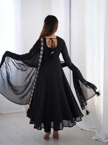 Pure Soft Faux Georgette Fully Flaired Anarkali Suit Comes With Duppatta & Pant - BLACK