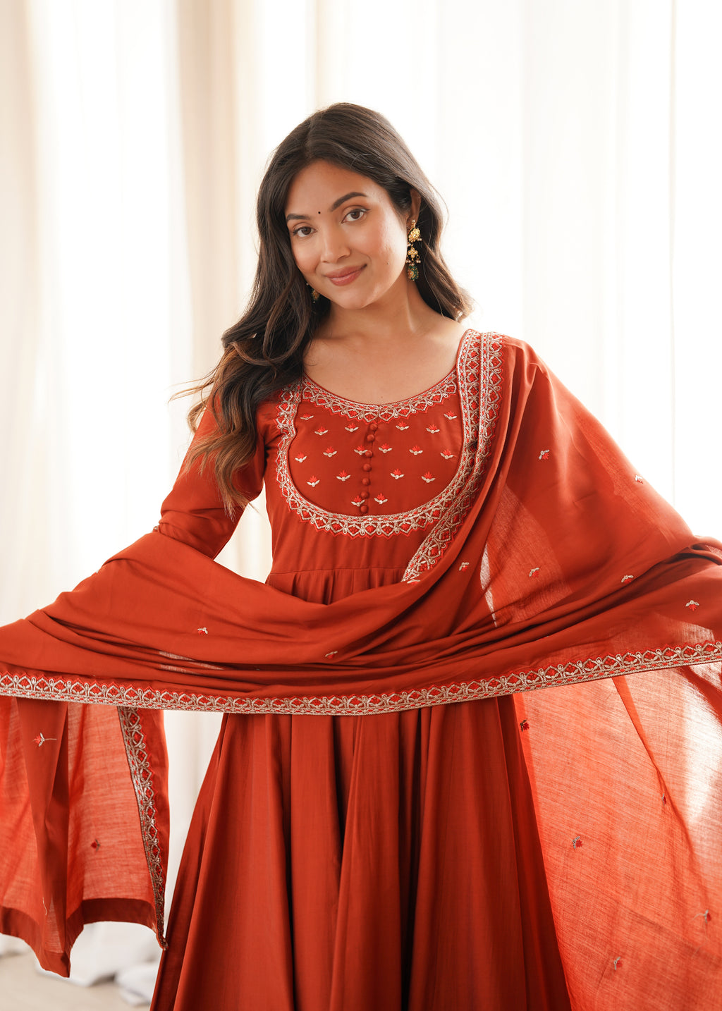 Elegant Rust Orange Roman Chanderi Silk Jari Work Anarkali Suit