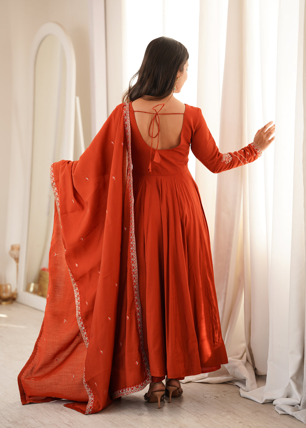 Elegant Rust Orange Roman Chanderi Silk Jari Work Anarkali Suit