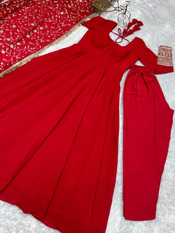 Red Color Pure Faux Georgette Kurti With Huge Flair Comes With Duppatta & Pant