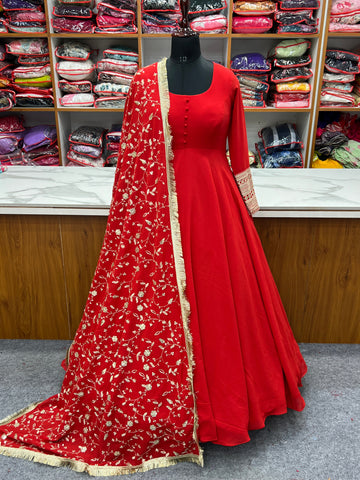 Red Color Pure Faux Georgette Kurti With Huge Flair Comes With Duppatta & Pant