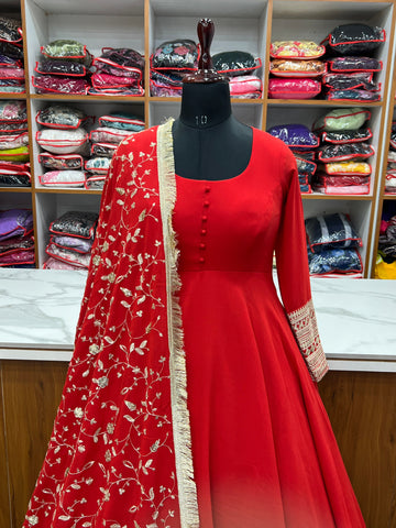 Red Color Pure Faux Georgette Kurti With Huge Flair Comes With Duppatta & Pant