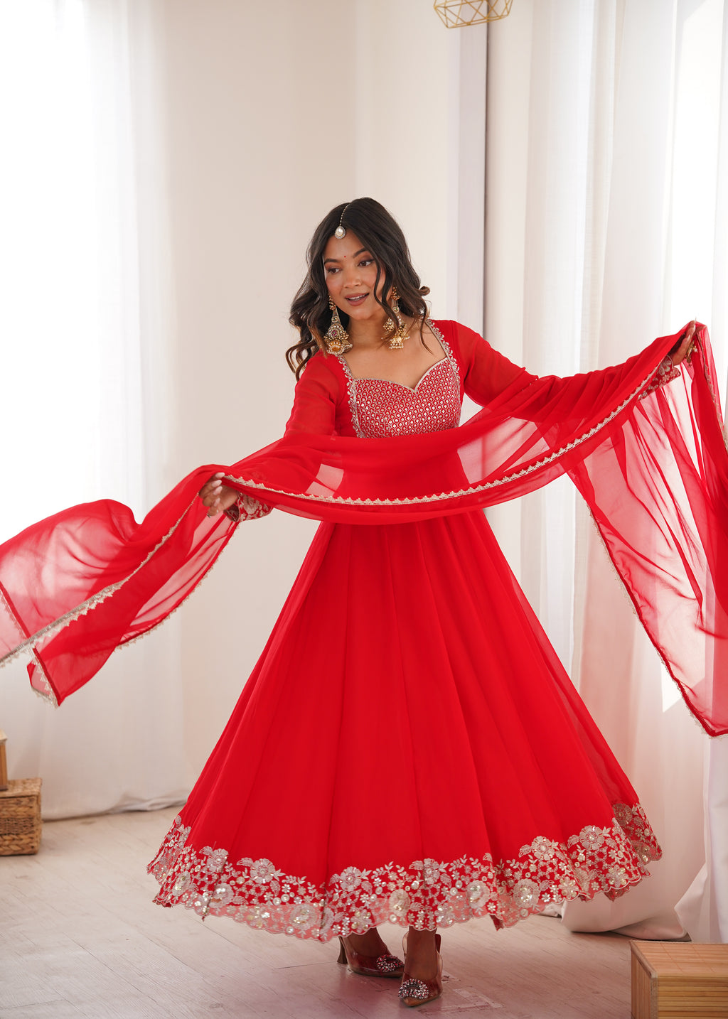 Majestic Red Faux Georgette Designer Sequin Work Anarkali Set