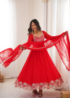 Majestic Red Faux Georgette Designer Sequin Work Anarkali Set