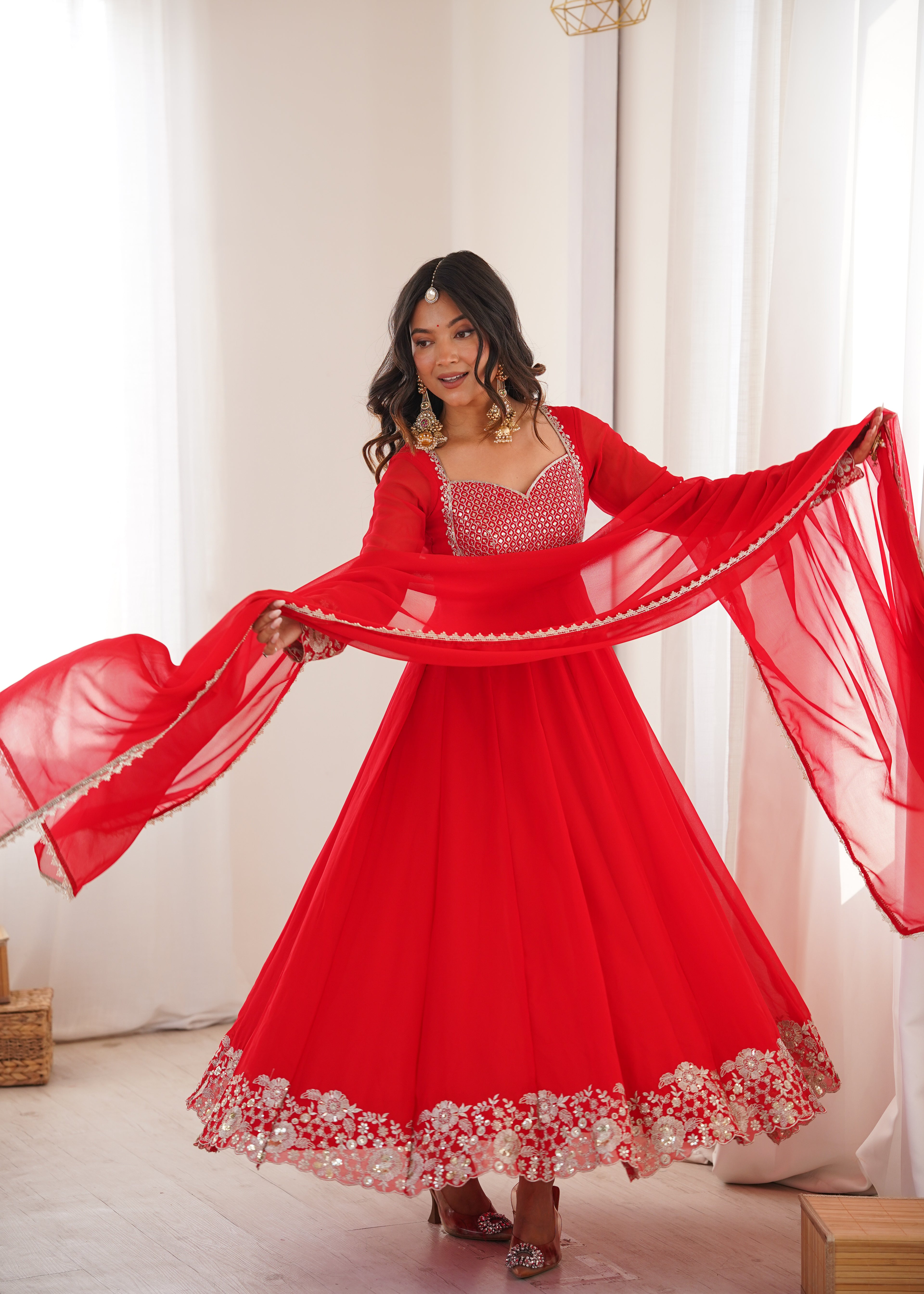 Majestic Red Faux Georgette Designer Sequin Work Anarkali Set