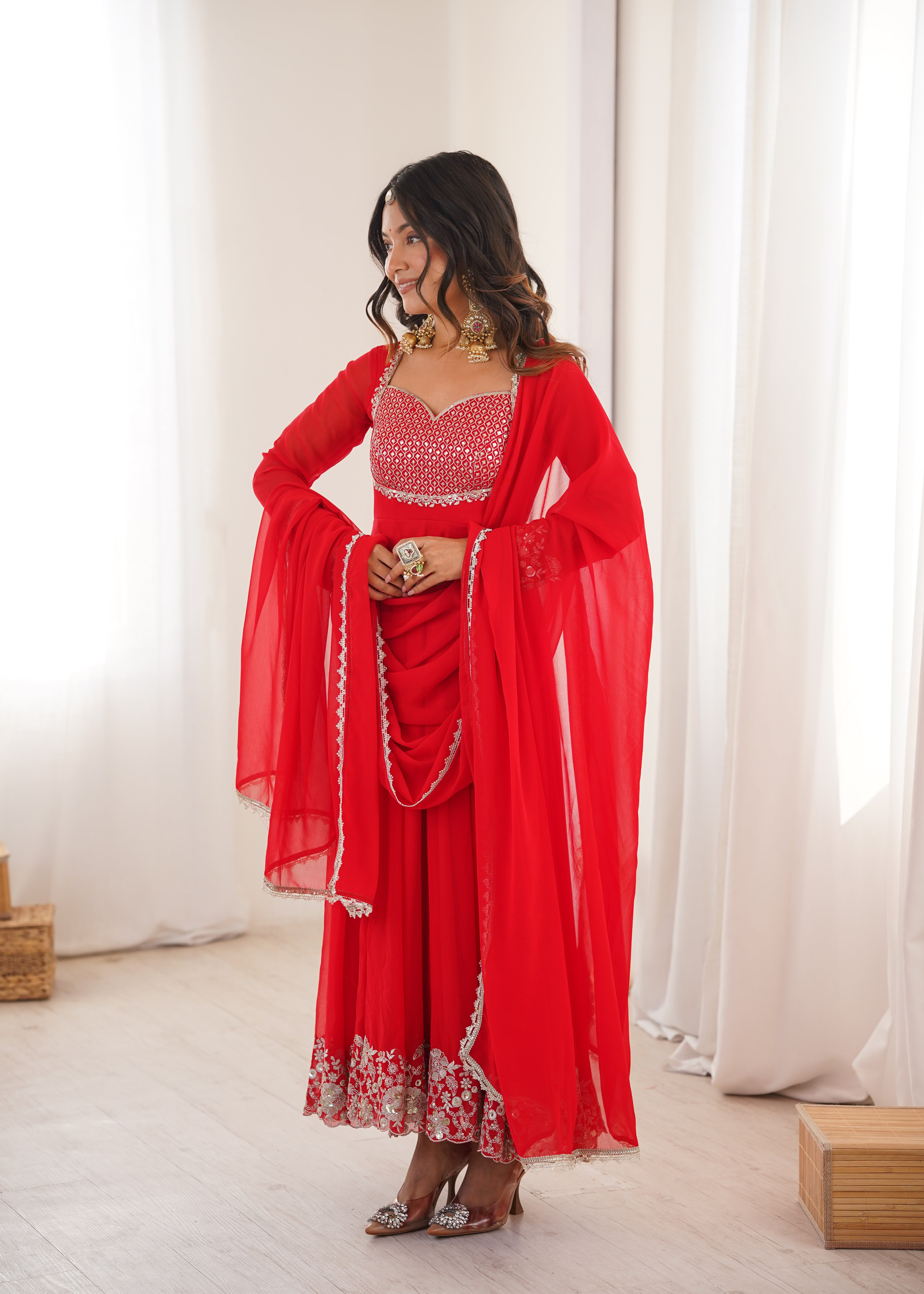 Majestic Red Faux Georgette Designer Sequin Work Anarkali Set