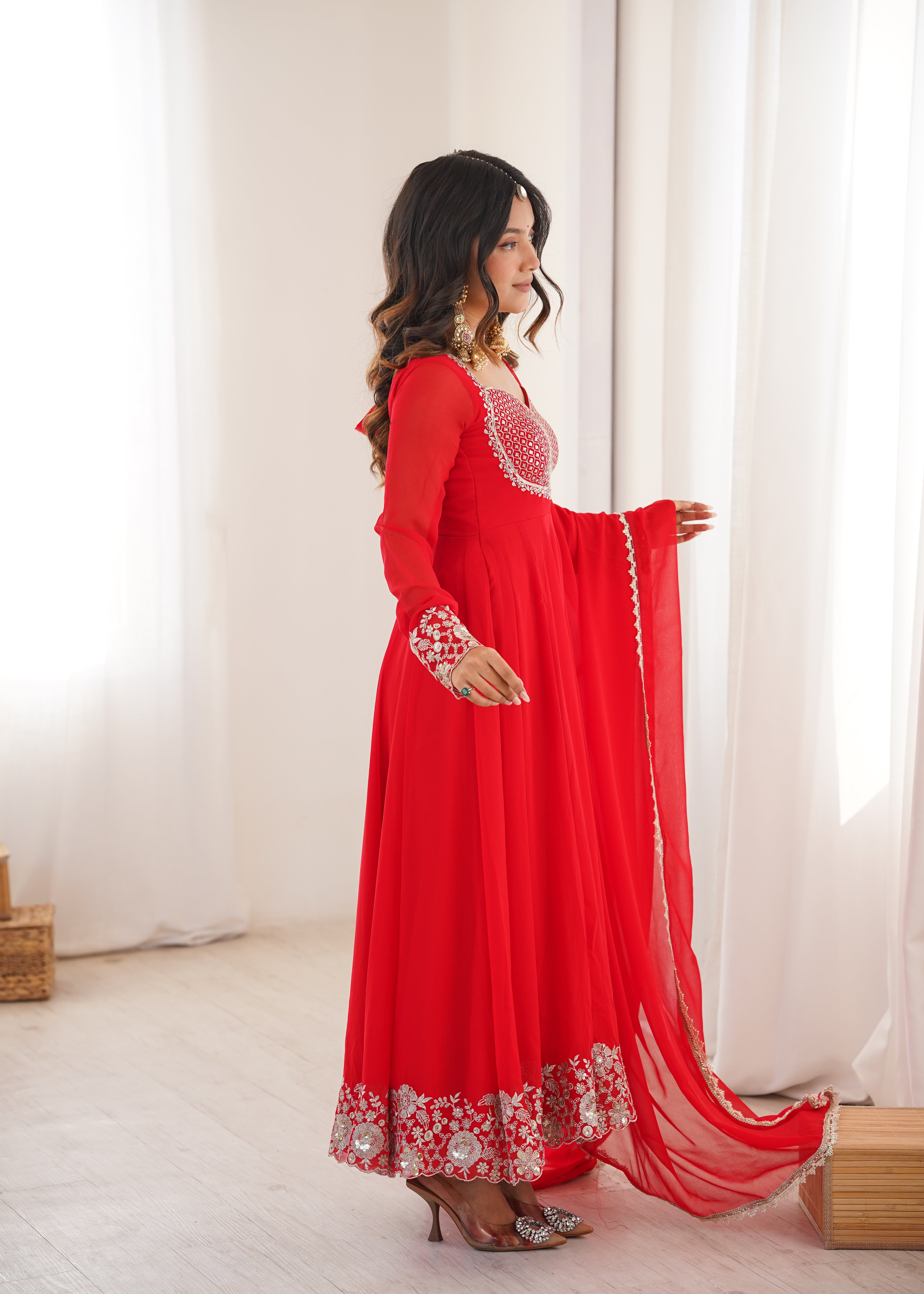 Majestic Red Faux Georgette Designer Sequin Work Anarkali Set