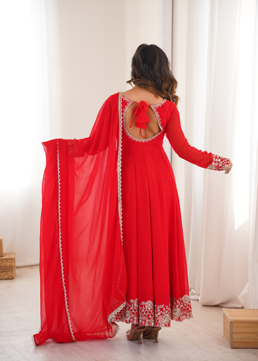 Majestic Red Faux Georgette Designer Sequin Work Anarkali Set