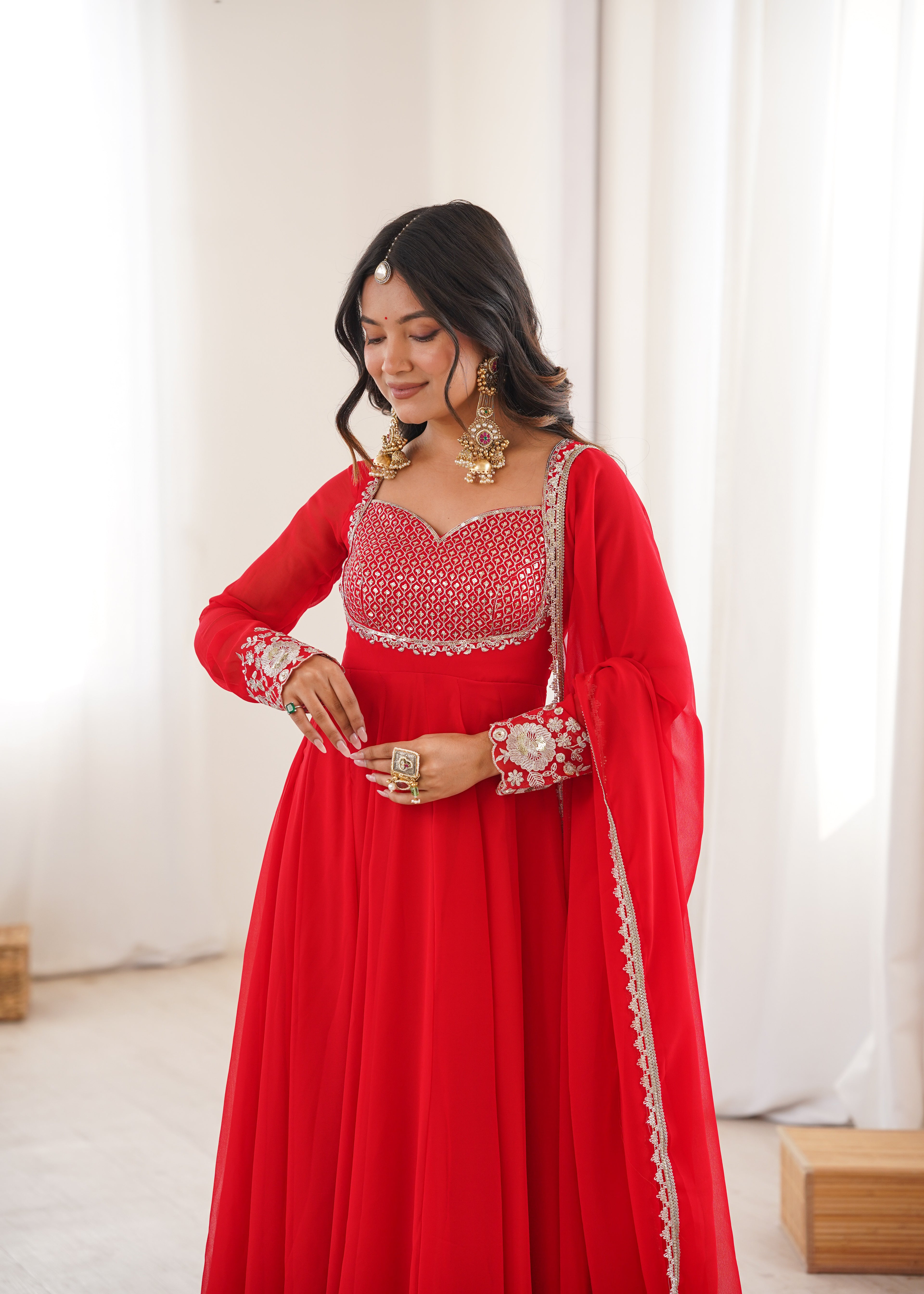 Majestic Red Faux Georgette Designer Sequin Work Anarkali Set