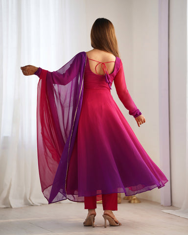 Dark Pink Pure Soft Fox Georgette Anarkali Suit Set With Huge Flair, Dupatta & Pant