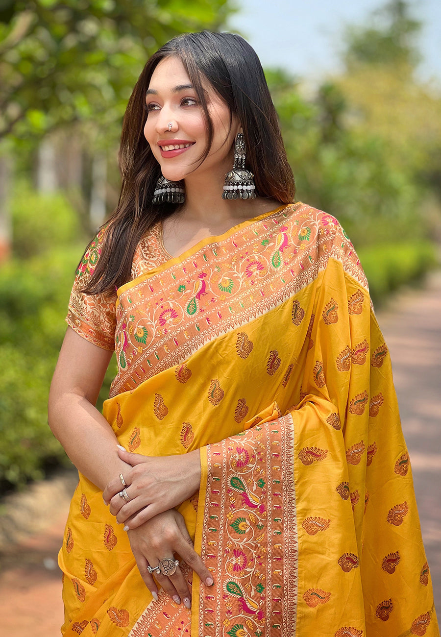 Yellow Original Maharashtrian Meenakari Yeola Paithani Silk Zari Woven Saree