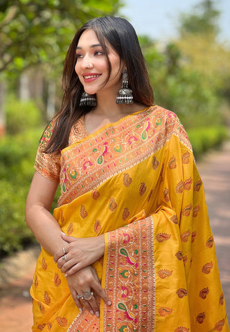 Yellow Original Maharashtrian Meenakari Yeola Paithani Silk Zari Woven Saree