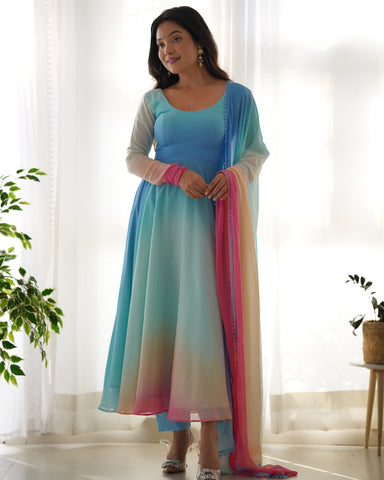 Pure Soft Faux Georgette Colourfull Padding Anarkali Suit With Huge Flair Comes With Duppatta & Pant