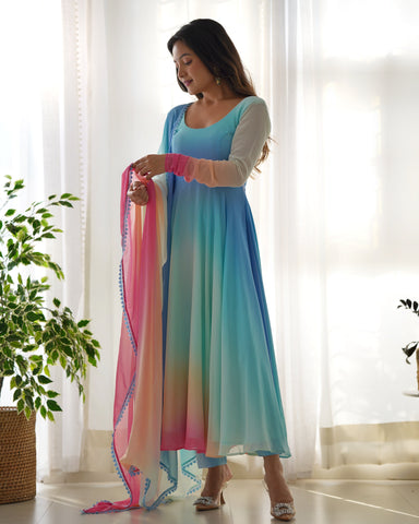 Pure Soft Faux Georgette Colourfull Padding Anarkali Suit With Huge Flair Comes With Duppatta & Pant