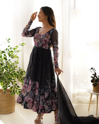 Black Color Digitally Printed Pure Soft Organza Anarkali Suit With Huge Flair Comes With Duppatta & Pant