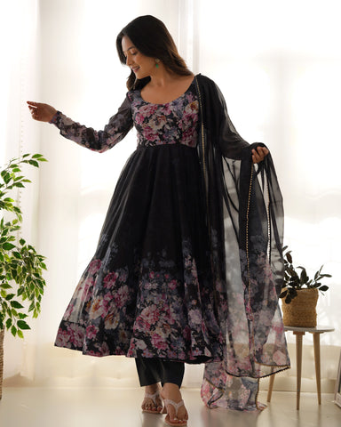 Black Color Digitally Printed Pure Soft Organza Anarkali Suit With Huge Flair Comes With Duppatta & Pant