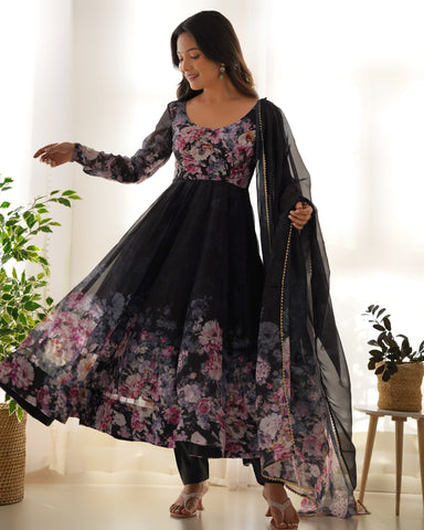 Black Color Digitally Printed Pure Soft Organza Anarkali Suit With Huge Flair Comes With Duppatta & Pant