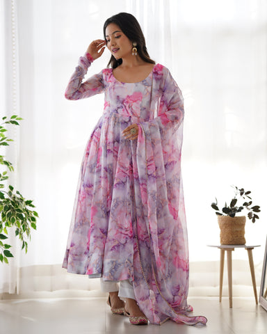 Digitally Printed Pure Soft Organza Anarkali Suit With Huge Flair Comes With Duppatta & Pant