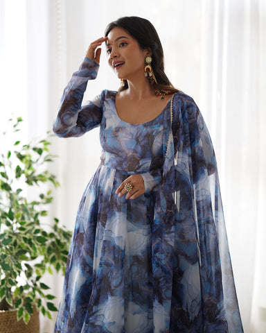 Digitally Printed Pure Organza Silk Marble Print Design Comes With Duppatta & Pant - NAVY