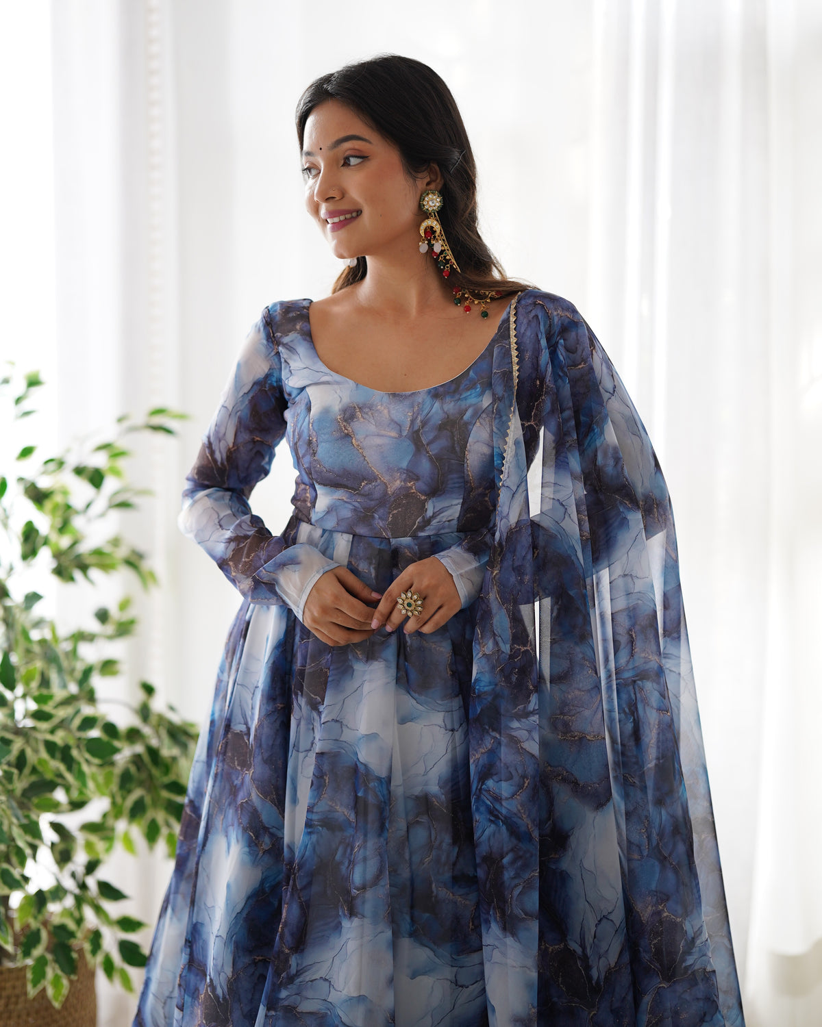 Digitally Printed Pure Organza Silk Marble Print Design Comes With Duppatta & Pant - NAVY