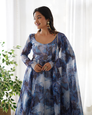 Digitally Printed Pure Organza Silk Marble Print Design Comes With Duppatta & Pant - NAVY